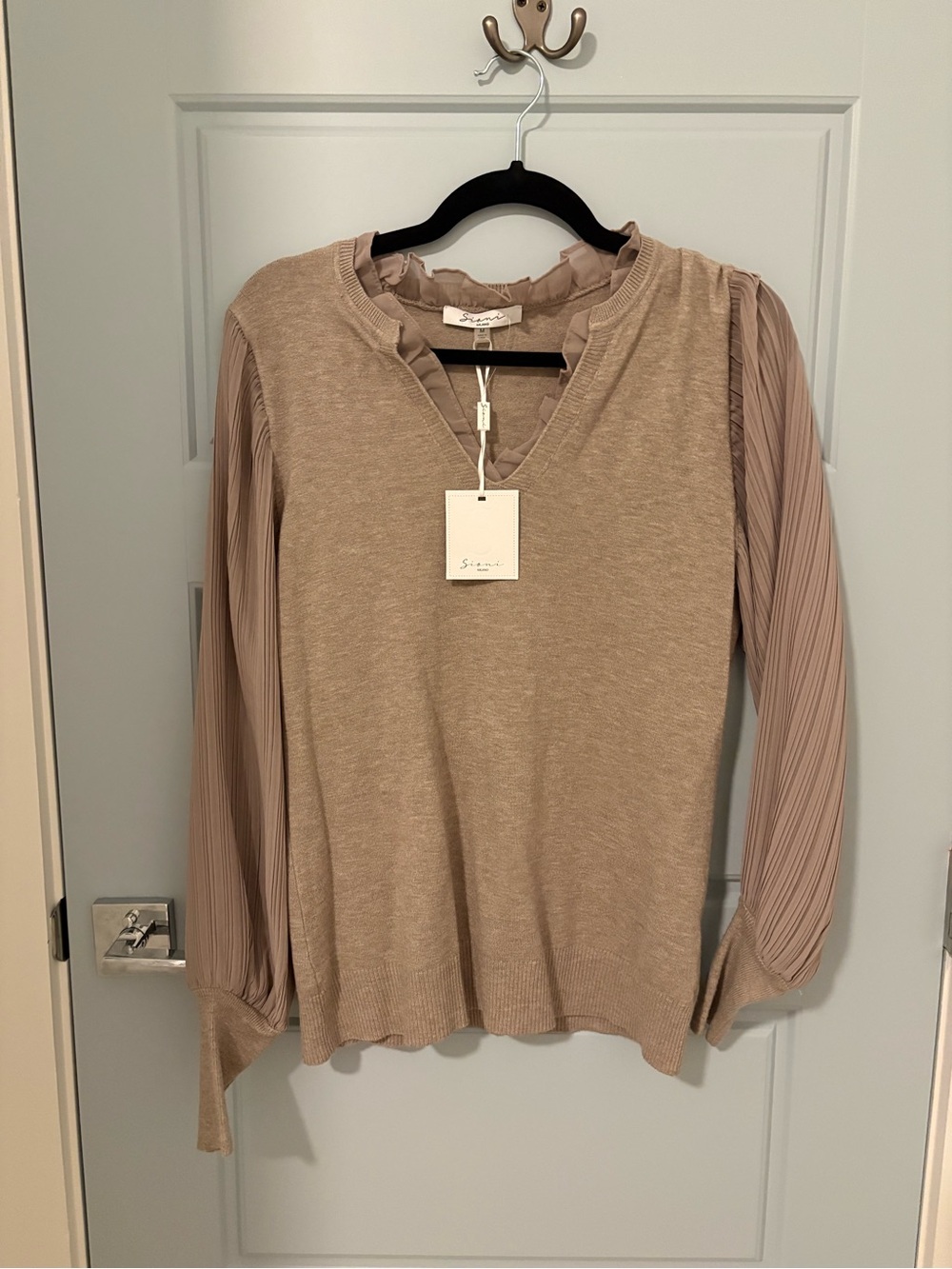 Siani Milano Taupe Ruffled V-Neck Mixed-Media Sweater